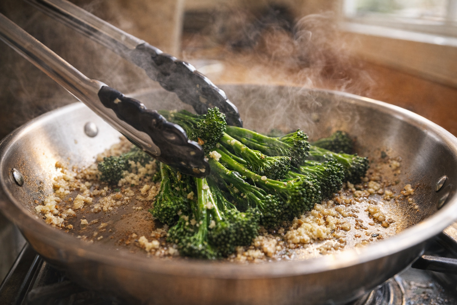 An action shot of broccolini being sauteed in a stainless steel skillet with minced garlic, tongs in motion, steam rising, warm light